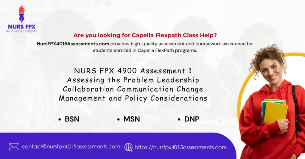 NURS FPX 4900 Assessment 1 Assessing the Problem Leadership Collaboration Communication Change Management and Policy Considerations